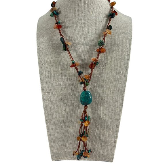 Boho Multistrand Stone Chip Necklace Brown Cord Turquoise Donut Toggle Y Tassel - Picture 1 of 11